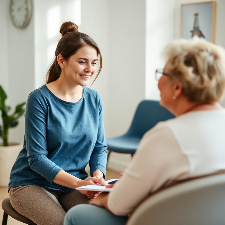 Two adults in conversation in a calm consulting room