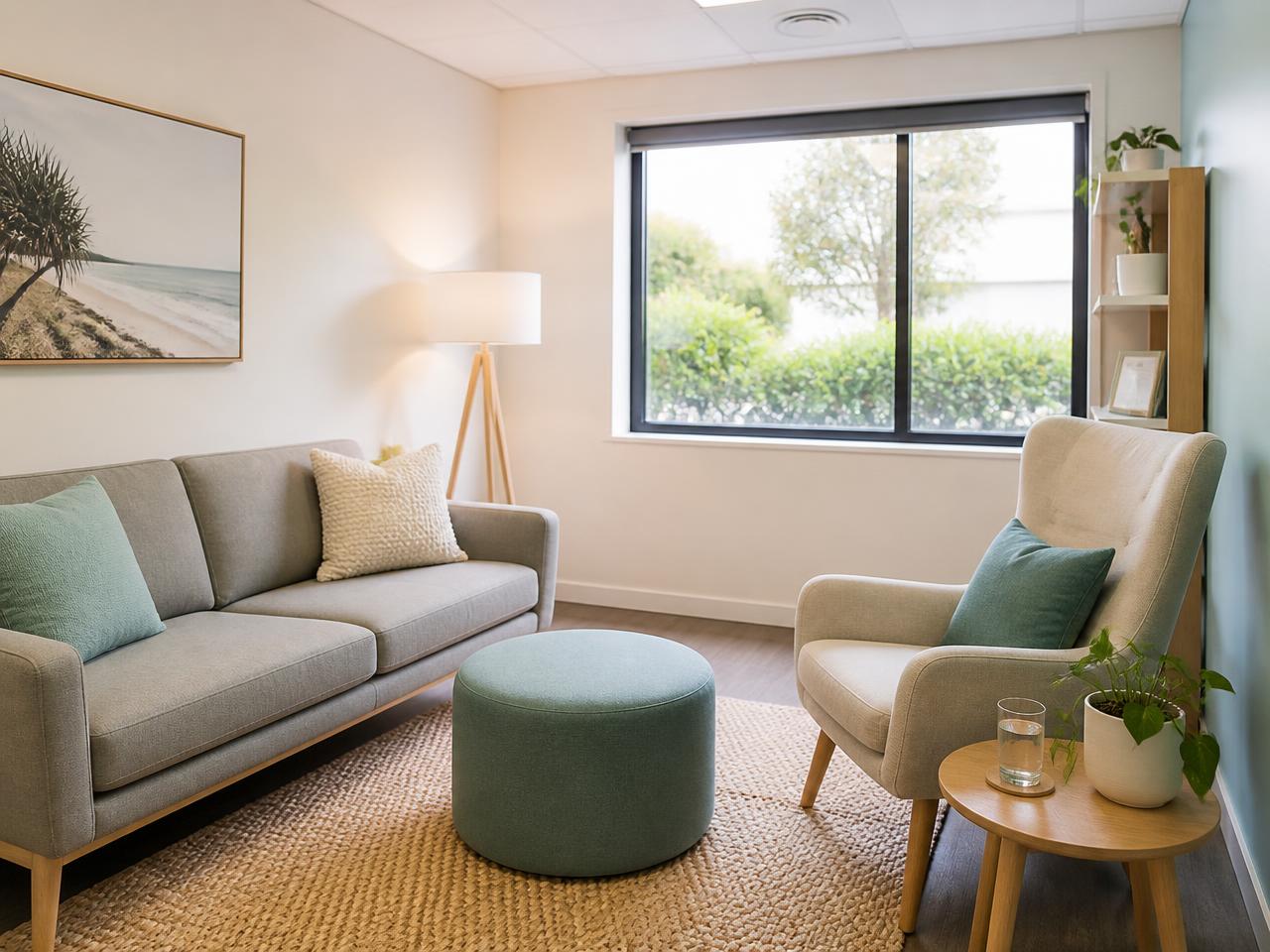 A calm adult therapy room with neutral tones, plants and soft natural light
