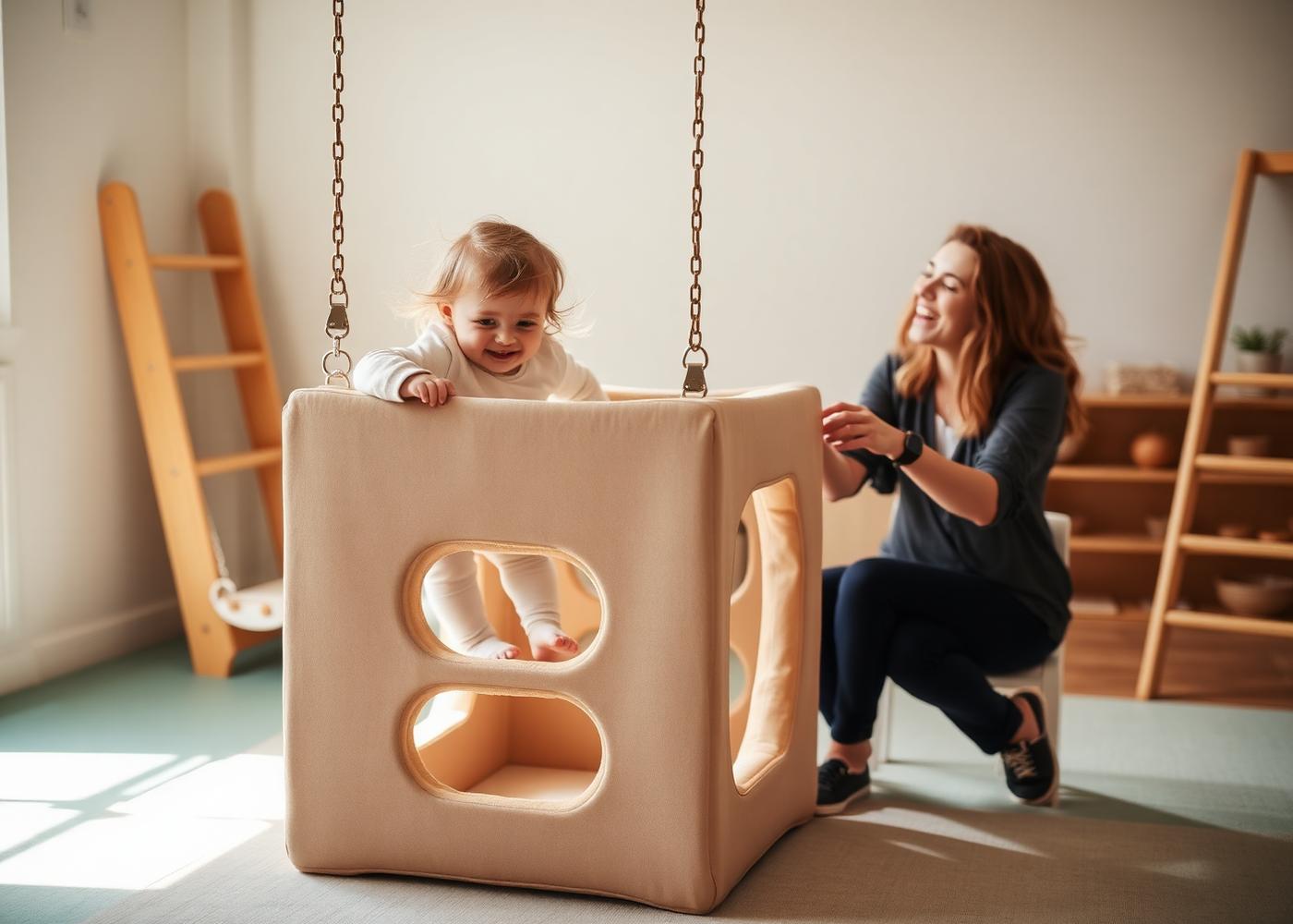 Child climbing on soft play equipment in a bright sensory gym