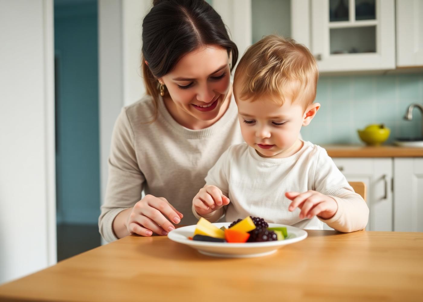Adult and child exploring food together at a low table