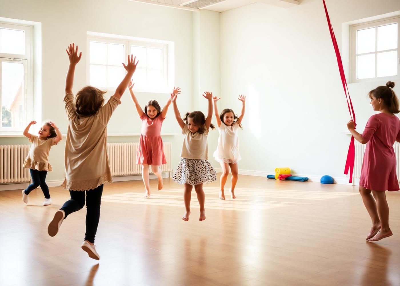 Children moving and dancing joyfully in a group session
